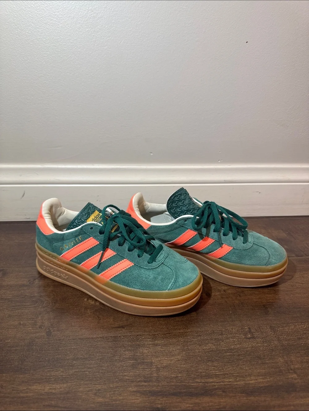 adidas Kids Green Suede Sneakers with Coral Stripes and Gum Sole